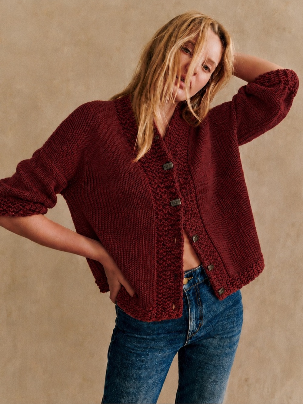 Vintage Rico Knits Crimson Wine Red Cardigan Sweater Hand Knit Cottage Granny, M